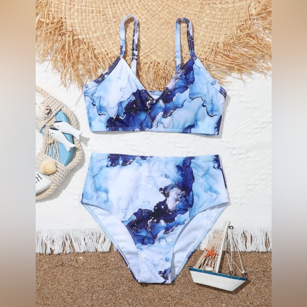 Blue Marble Plus Size High Waisted Bikini Swimsuit